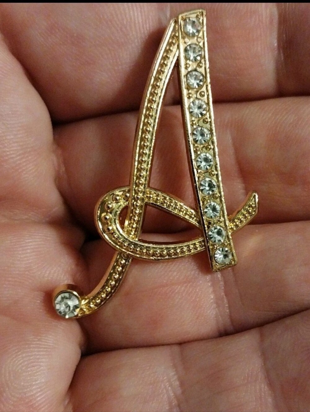 Gold Initial A Brooch Cursive Script Rhinestone Letter Pin Monogram Gift - Picture 3 of 4